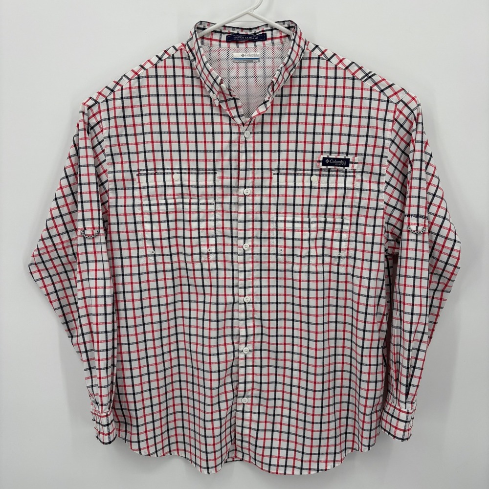 Columbia Men XL Super Tamiami PFG Fishing Shirt Red White Plaid Omni-Shade UPF40